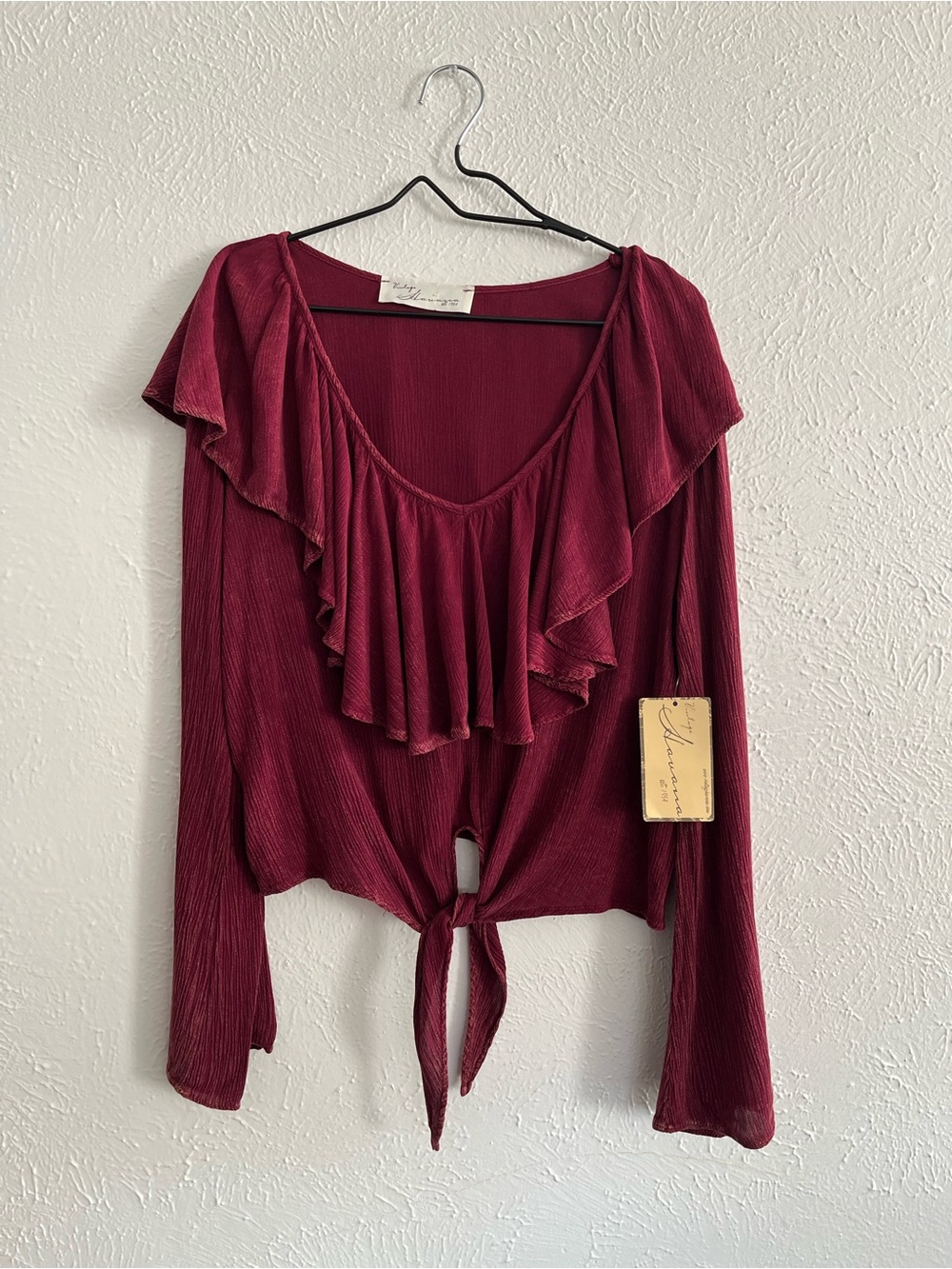 Vintage Havana Burgundy Ruffled Tie-Front Blouse